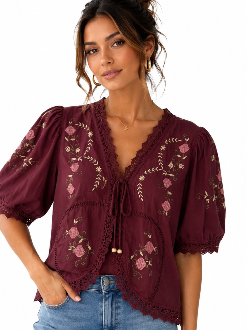 790.New Embroidered Peasant Blouse - Burgundy %100 Cotton